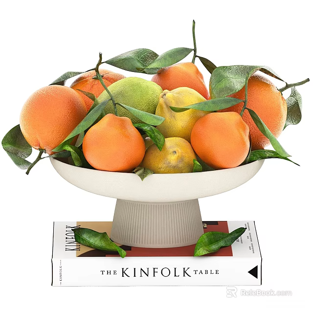 Fresh Oranges Lemons Limes In White Pedestal Bowl With Green Leaves On The Kinfolk Table 3d model 