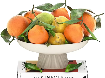 Fresh Oranges Lemons Limes In White Pedestal Bowl With Green Leaves On The Kinfolk Table 3d model