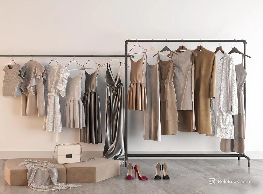 Women's Neutral Toned Clothes on Double Clothing Racks with Beige Stool Handbag Scarf and Shoes 3d model 