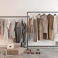 Women's Neutral Toned Clothes on Double Clothing Racks with Beige Stool Handbag Scarf and Shoes