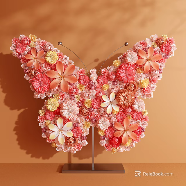 Colorful Butterfly Shaped Art Installation Decorated With Pink Orange And Yellow Flowers 3d model 
