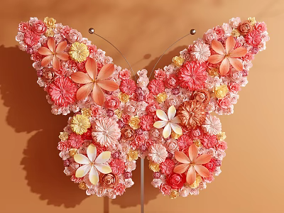 Colorful Butterfly Shaped Art Installation Decorated With Pink Orange And Yellow Flowers 3d model