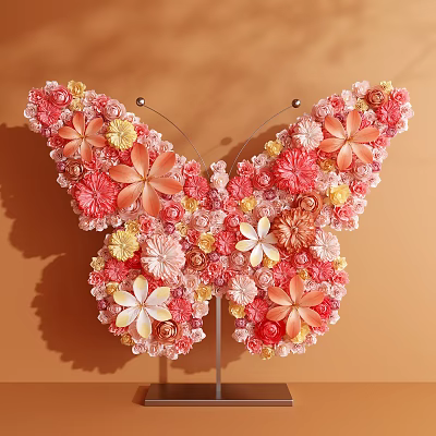Colorful Butterfly Shaped Art Installation Decorated With Pink Orange And Yellow Flowers 3d model