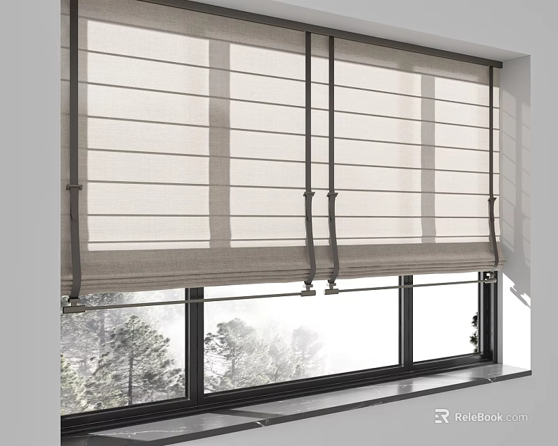 Light Colored Linen Curtain For Window With Natural Light And Trees View 3d model