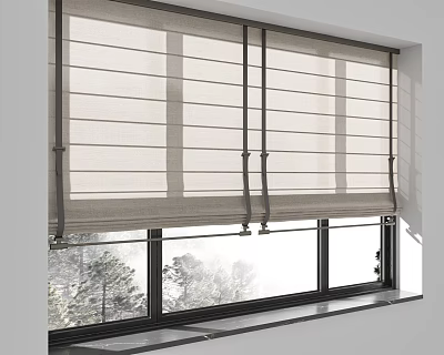 Light Colored Linen Curtain For Window With Natural Light And Trees View 3d model