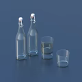Three Transparent Wine Bottles with Two Glasses on Dark Blue Background