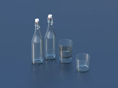 Three Transparent Wine Bottles with Two Glasses on Dark Blue Background 3d model