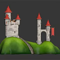 Castle Building With Red Spires White Walls Green Base And Stone Path Flags 3d model