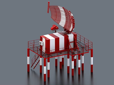 Military Weapon System With Large Radar Antenna On Red And White Railed Platform With Pillars 3d model