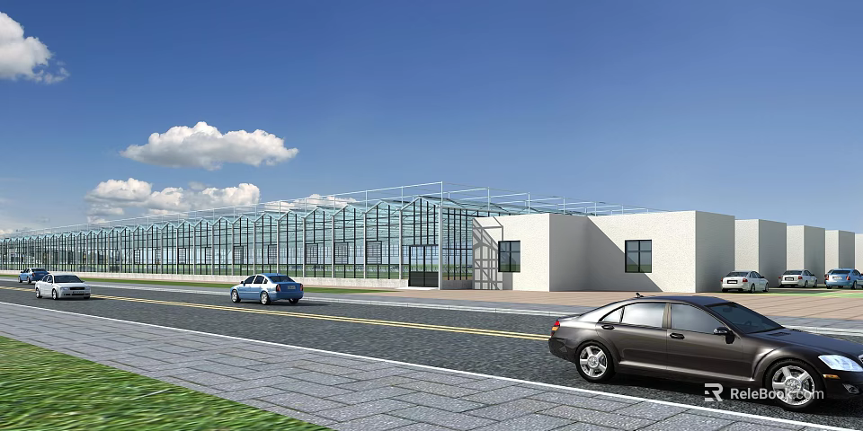 Modern Industrial Factory Building With Large Glass Walls White Exterior And Metal Framework 3d model 