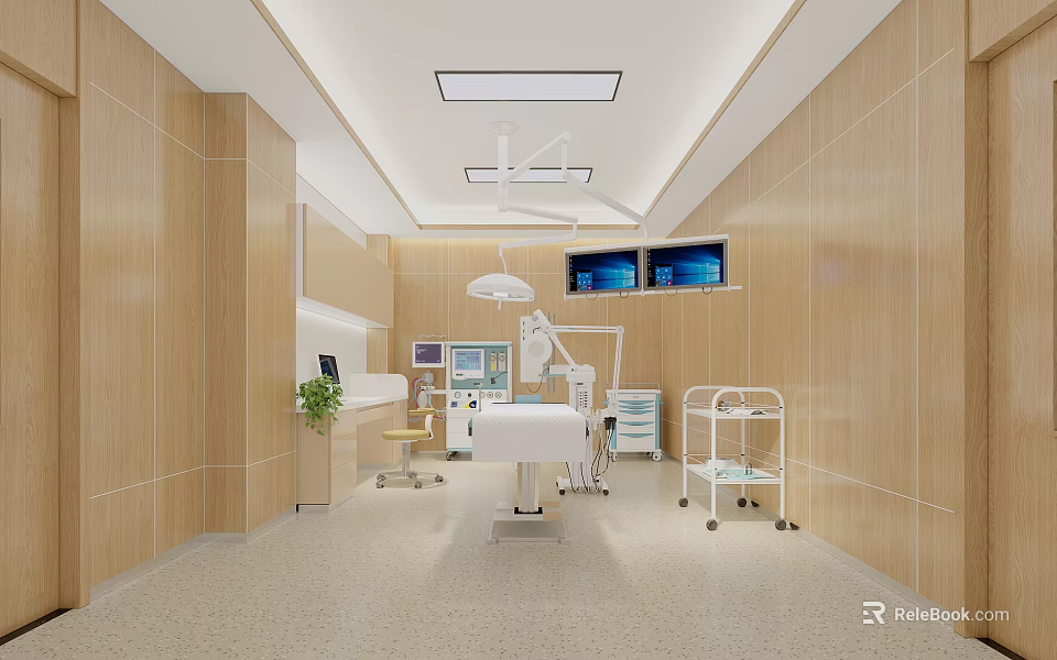 Modern Operating Room Interior With Surgical Table Medical Equipment Monitors Rolling Carts And Wall Panels 3d model 