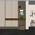 Elegant Modern Entryway Interior With White Storage Cabinets Wooden Countertop Green Doll And Red Balloon
