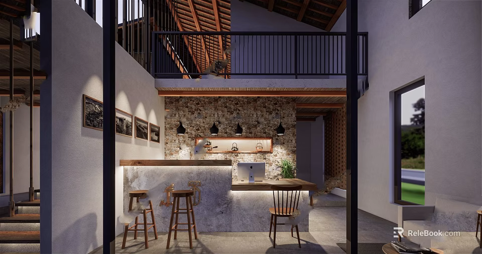 Rustic Modern Restaurant Interior With Stone Bar Counter Wooden Stools And Pendant Lights 3d model 