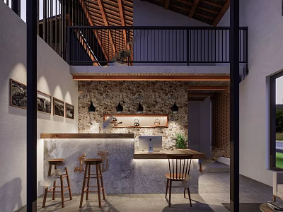 Rustic Modern Restaurant Interior With Stone Bar Counter Wooden Stools And Pendant Lights 3d model