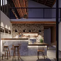 Rustic Modern Restaurant Interior With Stone Bar Counter Wooden Stools And Pendant Lights
