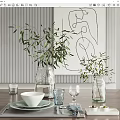 Modern Tableware Set with White Bowl Plates Wine Glasses and Olive Branches in Glass Vases
