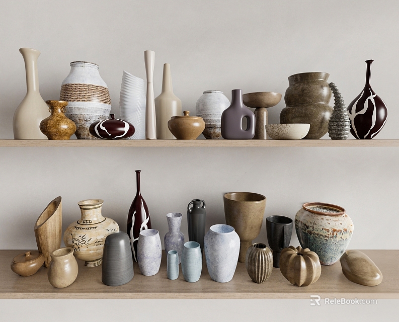 Various Ceramic Vessels Displayed On Shelves With Different Shapes And Colors 3d model 