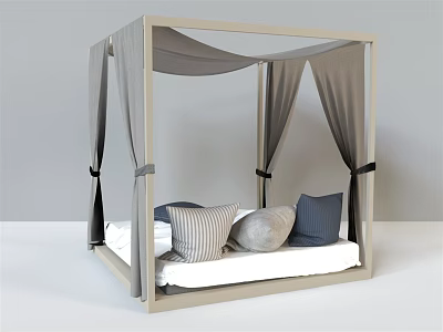Four Poster Double Bed With Gray Curtains And Decorative Pillows 3d model