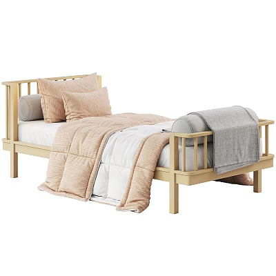 Single Bed With Wooden Frame Light Colored Pillows Quilt And Blanket 3d model