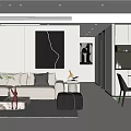 Modern Open Living And Dining Room With Beige Sofa Dining Table And Decorative Painting
