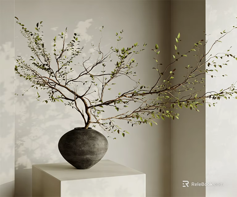 Gray Vase with Green Leaf Branches on White Pedestal Light Wall Soft Shadows 3d model 