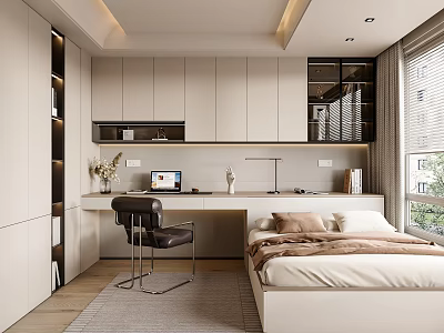 Modern Tatami Bedroom Interior With Built-in Desk Leather Chair And Storage Cabinets 3d model