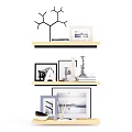 Wooden Wall Cabinets With Multiple Shelves Holding Photo Frames And Decorative Ornaments