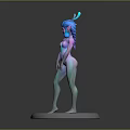 3D Game and Movie Character with Blue Hair Rabbit Ears Gradient Body Standing on Circular Base