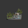 Wooden House With Pine Trees Waterfall River Small Boat and Pathway in Scenic Natural Setting