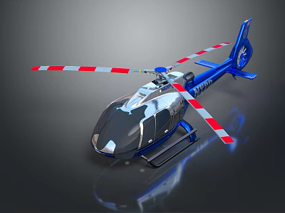 Blue Helicopter with Red and White Striped Rotors Modern Design Transparent Cockpit and Shiny Exterior 3d model