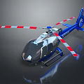Blue Helicopter with Red and White Striped Rotors Modern Design Transparent Cockpit and Shiny Exterior