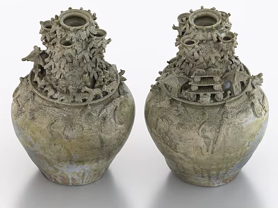 Pair of Antique Celadon Ceramic Vessels with Intricate Carved Dragons and Architectural Details 3d model