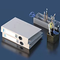 Office Desk Decorative Accessories Set Including Stacked White Binders Scissors Paintbrushes And Metal Pen Holder