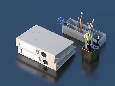 Office Desk Decorative Accessories Set Including Stacked White Binders Scissors Paintbrushes And Metal Pen Holder 3d model