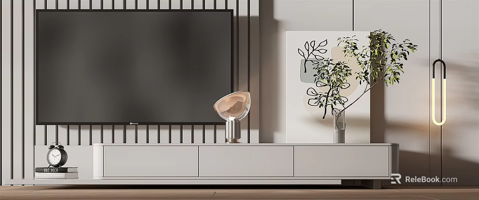 Modern White TV Stand With TV Decorative Lamp And Plant Painting In Living Room 3d model 