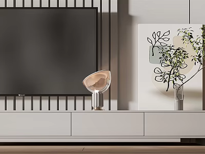 Modern White TV Stand With TV Decorative Lamp And Plant Painting In Living Room 3d model