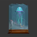 Vibrant Blue Jellyfish In Transparent Cube Container With Wooden Base And Underwater Decorations