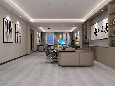 Modern Office Interior With Wooden Desk Ergonomic Chairs Bookshelf And Wall Art 3d model