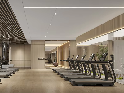 Modern Fitness Gym Interior With Treadmills Wooden Walls Mirrors And Green Plants 3d model