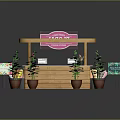 Comfortable Leisure Chair Near Wooden Kiosk With Pink Light Sign Green Plants And Displays