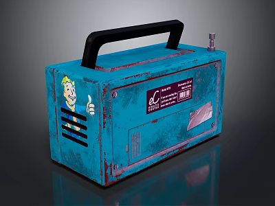 Vintage Blue Portable Device With Black Handle Cartoon Character And Purple Label 3d model
