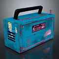 Vintage Blue Portable Device With Black Handle Cartoon Character And Purple Label
