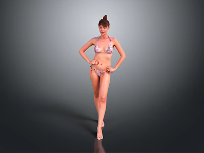 Confident Woman In Floral Bikini Standing With Hands On Hips Against Gray Background 3d model