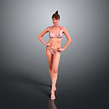 Confident Woman In Floral Bikini Standing With Hands On Hips Against Gray Background