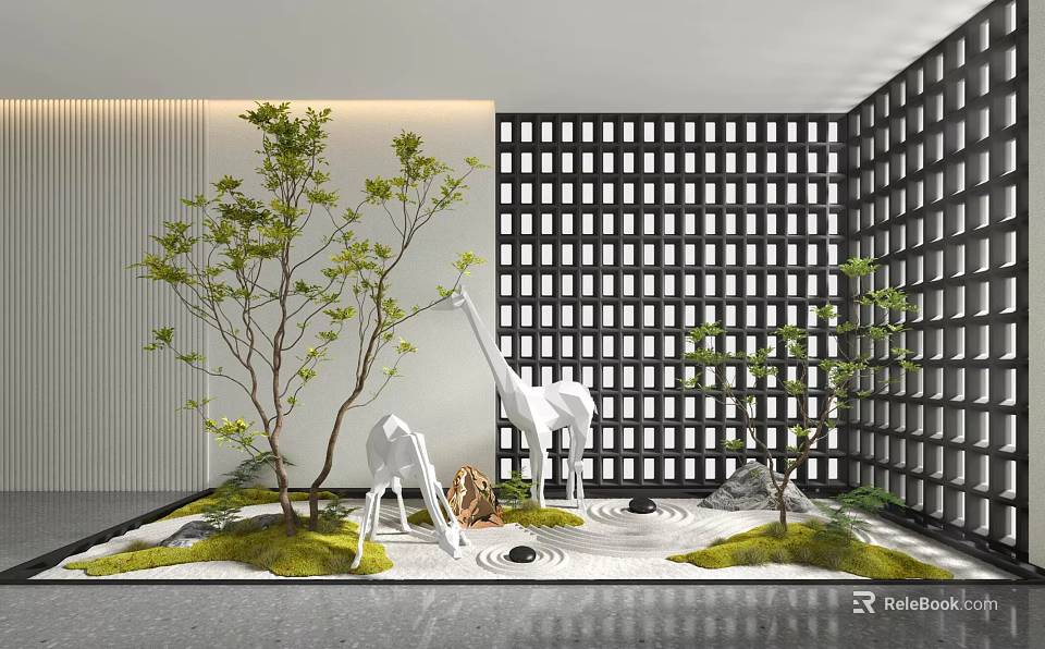 Modern Indoor Landscape With White Giraffe Sculptures Green Plants Moss Stone And Grid Patterned Screen 3d model 