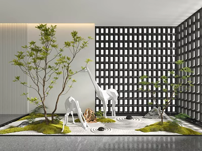 Modern Indoor Landscape With White Giraffe Sculptures Green Plants Moss Stone And Grid Patterned Screen 3d model