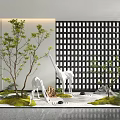 Modern Indoor Landscape With White Giraffe Sculptures Green Plants Moss Stone And Grid Patterned Screen