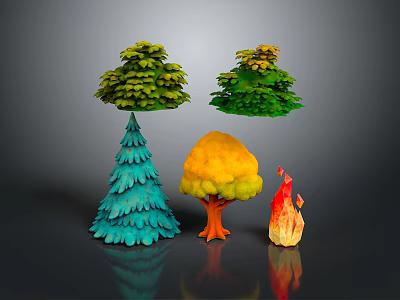 Different Shaped 3D Trees With Green Teal Yellow Orange Flame Colors And Dark Reflection 3d model