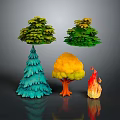 Different Shaped 3D Trees With Green Teal Yellow Orange Flame Colors And Dark Reflection 3d model