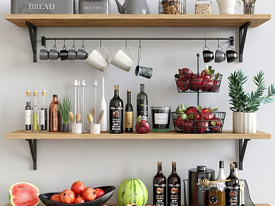 Stylish Kitchen Shelves With Mugs Fruit Baskets Spice Bottles Plants And Watermelon 3d model